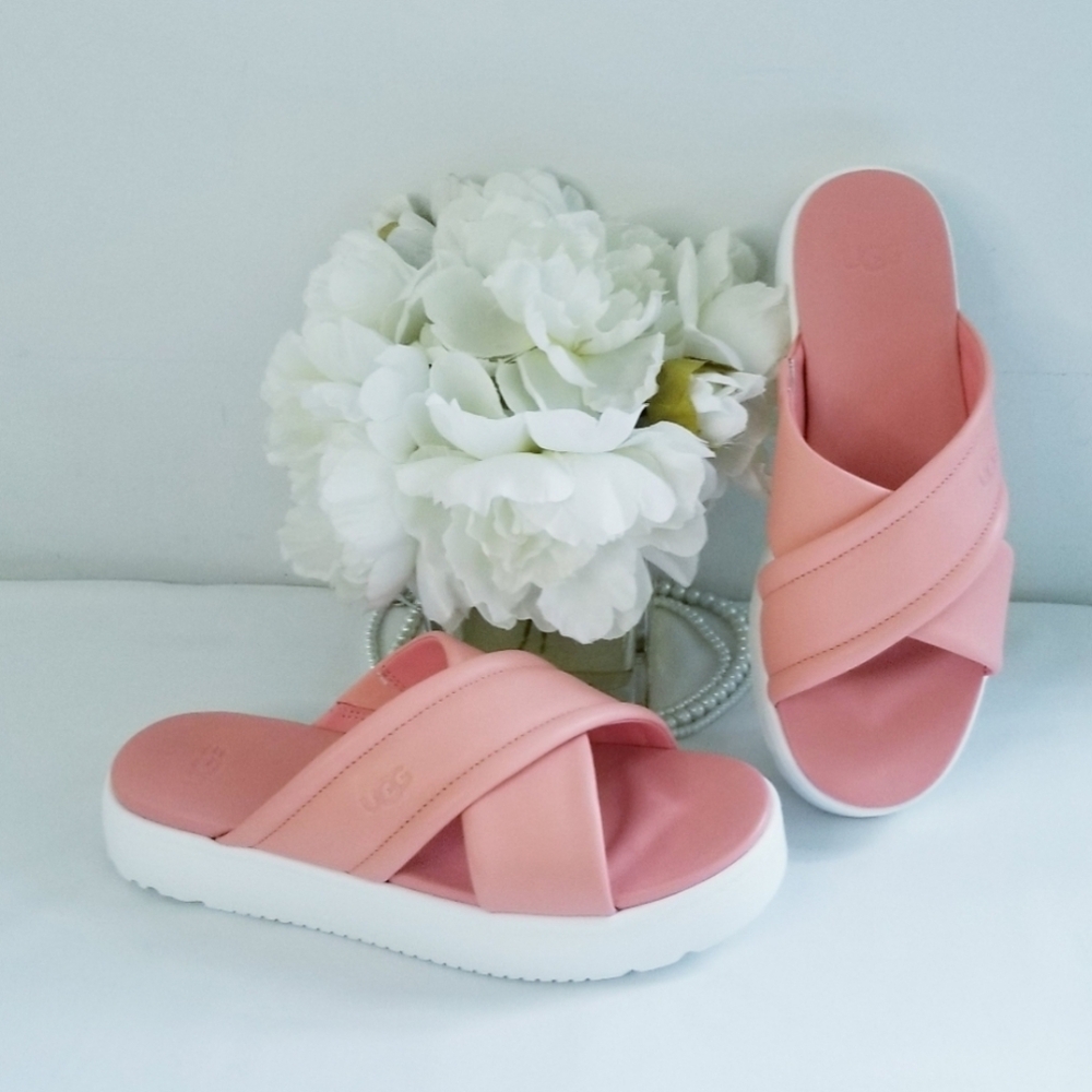 UGG Women's Zayne Crossband Leather Slide Platform Sandals in Starfish Pink NWT